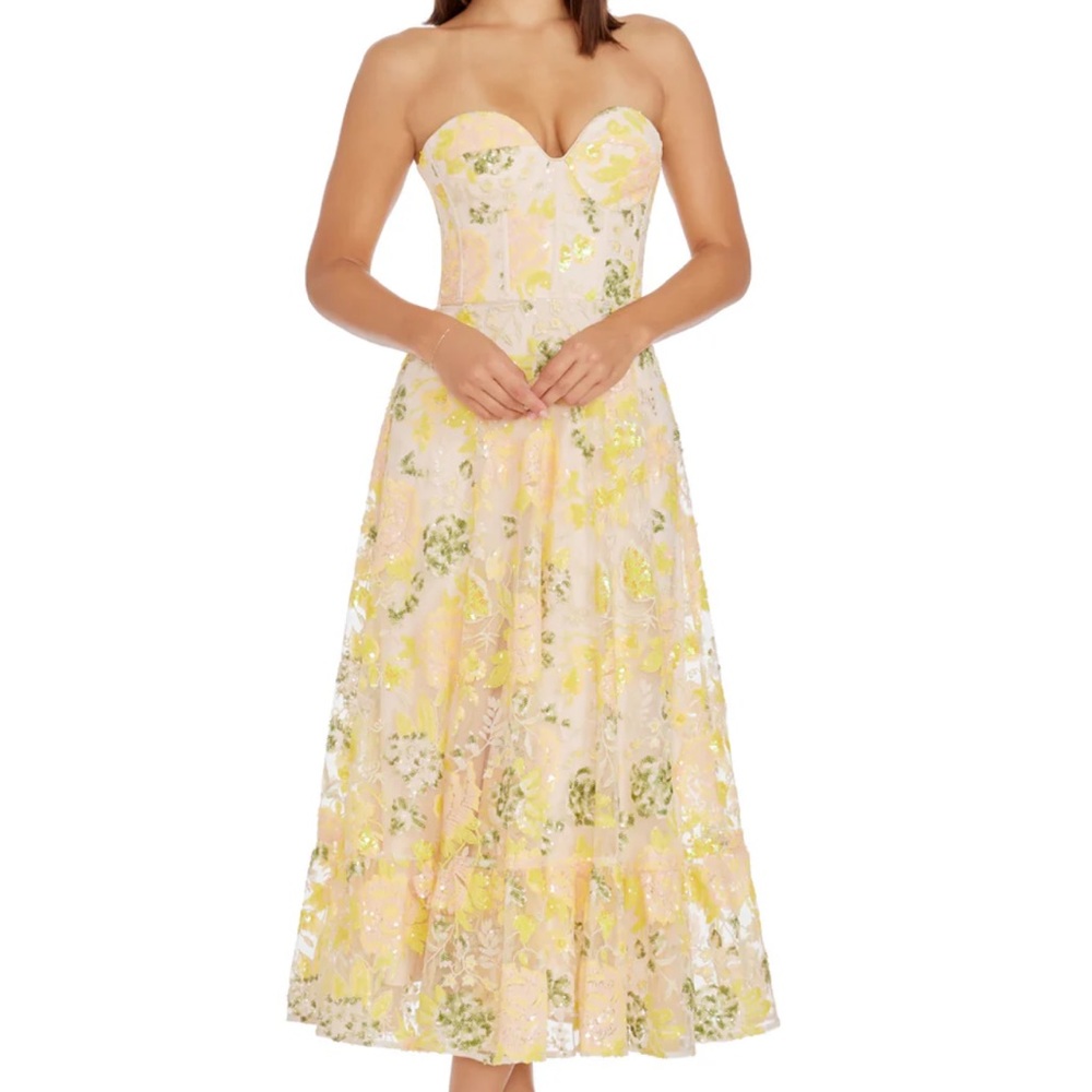 Dress the Population carina dress in canary